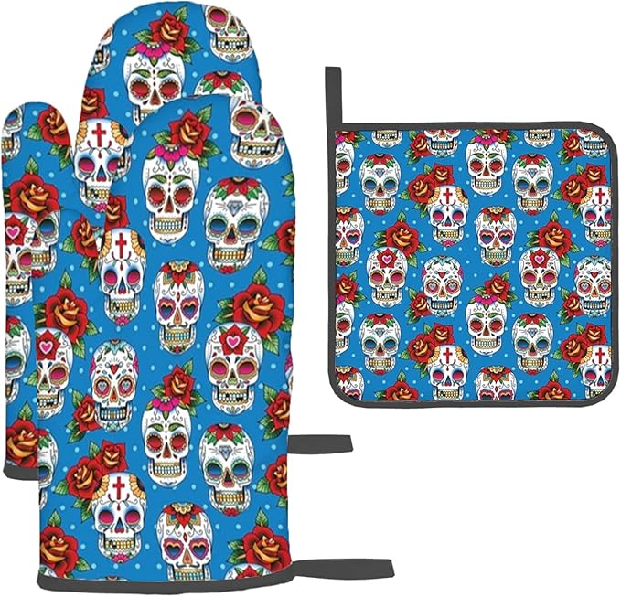 Sugar Skull Print,Oven Mitts,BBQ Gloves Heat Resistant,Mexican Cultural Rose Skeletons,1 Pair Oven Mitts,Cooking Gloves for Cooking Baking Kitchen,Blue Red,3-Piece Set - sugar skull oven mitts