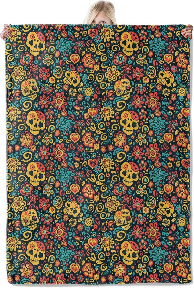 Sugar Skull Blanket 50×60 Inch,Colorful Day of The Dead Lightweight Flannel Throw with Flowers, Hearts and Swirls, Festive Decor,Unique Gifts for Halloween, Día De Los Muertos Fans - sugar skull throw blanket