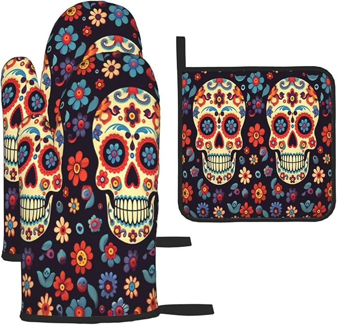 Sugar Skulls Oven Mitts and Potholders Sets of 3,Anti-Skid,Heat-Resistance Up to 500°f,Microwave Baking Oven Gloves,Chef Kitchen Cooking Baking BBQ Gloves,Cooking Mittens - sugar skull oven mitts