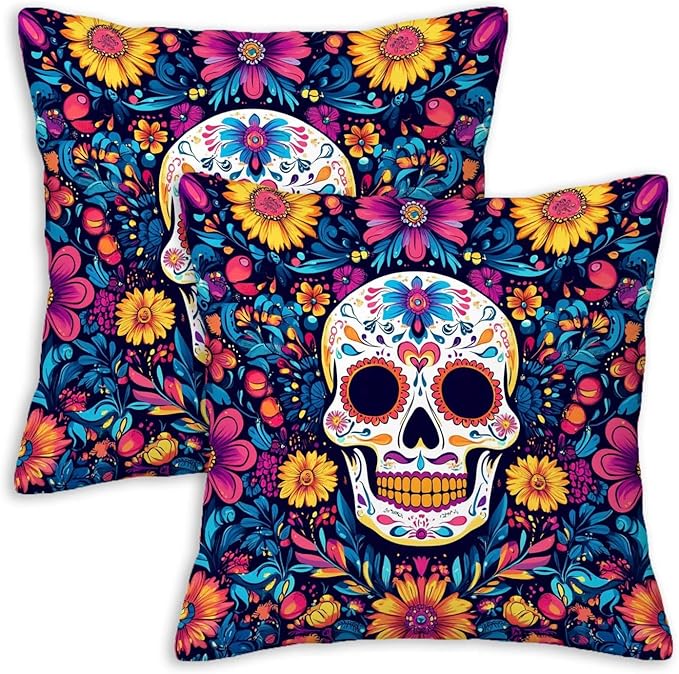 Sugar Skull Pillow Covers 18x18 Set of 2, Day of The Dead Halloween Cushion Cases for Sofa, Couch, Bed and Living Room, Home Decoration for Spring, Summer, Autumn and Winter - sugar skull throw pillow