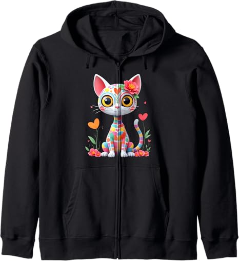 Whimsical Colorful Cat - sugar skull zip up hoodie mens