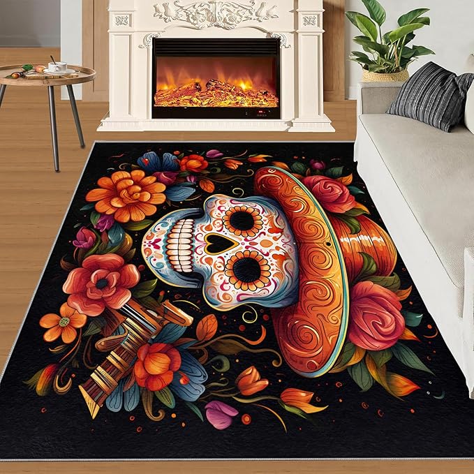 Skulls Area Rug Sugar Skulls 3x4 Rug Mexican Day of The Dead Bedroom Rugs Flowers Machine Washable Rug Non Slip Indoor Floor Carpet - sugar skull area rug