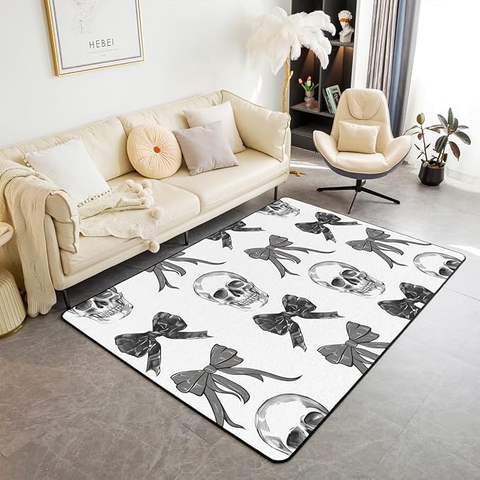 Erosebridal Black White Bowknot Skull Area Rug Butterfly Bow Tie Living Room Rugs Abstract Terror Themed Sugar Skull Decorative Carpet 6'6" x 4'11" for Kids Girls Teens Non Slip Indoor Floor Mat - sugar skull area rug