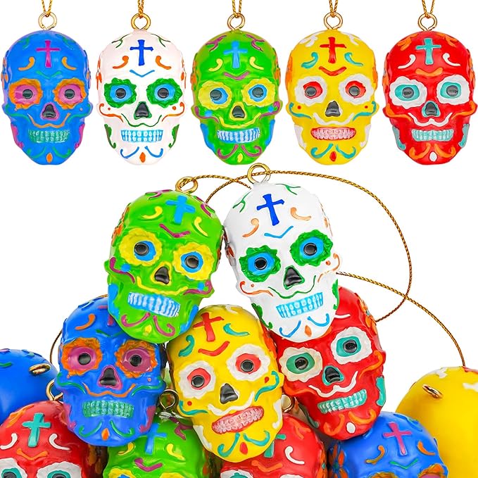 Bbiamsleep 15 Pcs Day of The Dead Resin Sugar Skull Ornaments Dia De Los Muertos Sugar Skull Decorations Halloween Hanging Skeleton Head Ornaments for Halloween Party Xmas Tree Hanging Decorations - sugar skull christmas ornament