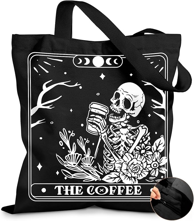 Canvas Tote Bag for Women – Aesthetic Canvas Bag with Zipper Cute Stylish Reusable Shoulder Totes for Shopping Work Daily Vacation, Coffee Skull - canvas sugar skull tote bag