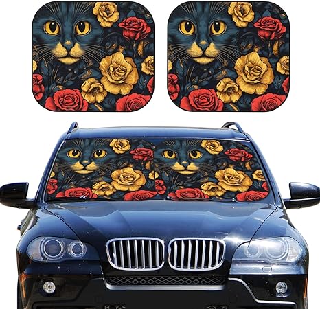 Delerain Colorful Sugar Skull Car Windshield Sun Shade, 2-Piece Foldable Car Front Window Sun Shades Blocks UV Rays Sun Visor Protector Keeps Your Vehicle Cool Fit for Most Sedan SUV Truck, Small - sugar skull car sunshade for windshield