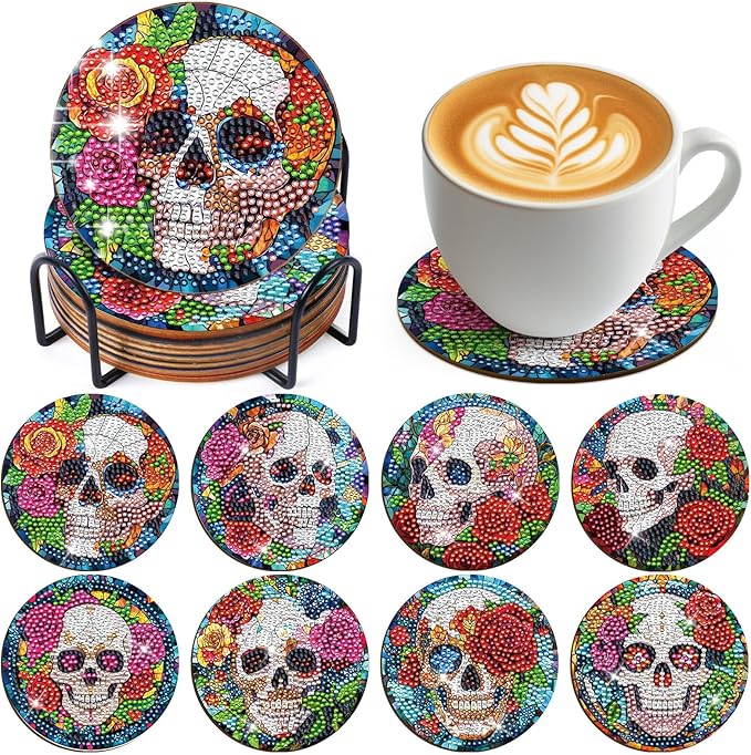 Sitsink Skull Diamond Art Coasters - 8 Pcs Sugar Skull Floral Diamond Painting Coasters, 3D Rhinestone Gem Art Craft Kit for Adult Women - sugar skull coasters set