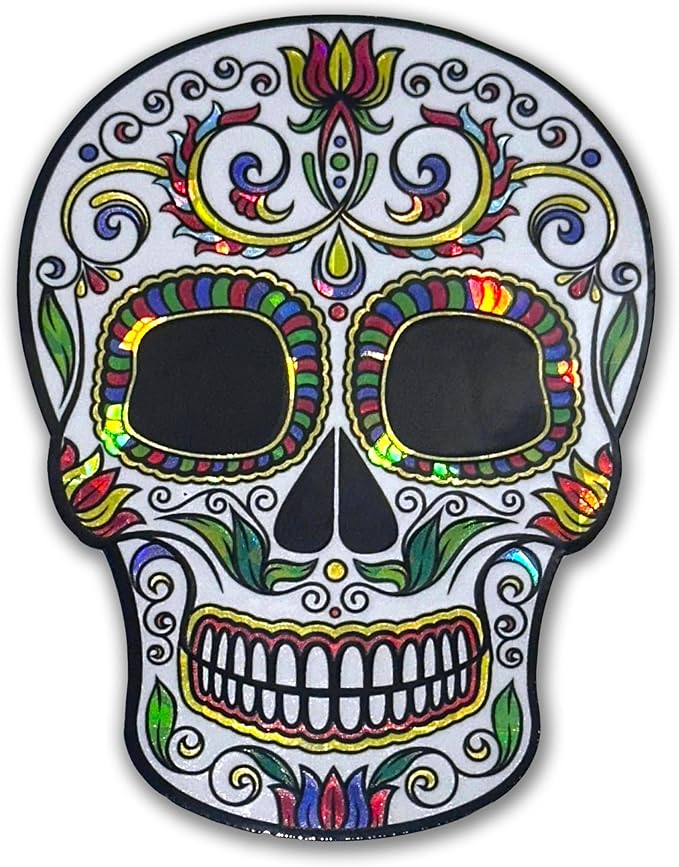 Elektroplate Day of The Dead Colorful Yellow Skull Reflective Decal Sticker (2.6” x 3.4”) | Premium Glossy All Weather Vinyl for Car, Water Bottle, Laptop, Tablet, Cooler, Phone, Bumper | Made in USA - sugar skull vinyl sticker