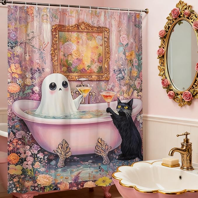 Funny Valentine Ghost Shower Curtain Spooky Pink Floral Ghost Bathed in the Bathtub Flower Halloween Style Cute Cat Dark Academia Black Animals Nature Scenery Decorative Curtain Polyester Fabric - sugar skull shower curtain set