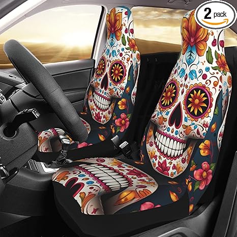 Colorful Sugar Skull Car Seat Cover Soft Comfy Front Seat Protector Cover Washable Breathable Seat Covers 2 Pcs for Cars Vehicle Seats Cushion Pad Universal Fit for Most SUV Sedan Truck - sugar skull car seat covers set
