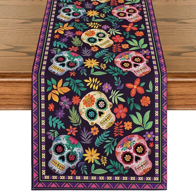 Artoid Mode Mexican Sugar Skull Dia De Los Muertos Table Runner, Day of The Dead Altar Kitchen Dining Table Decoration for Home Party Decor 13x72 Inch - sugar skull christmas decorations