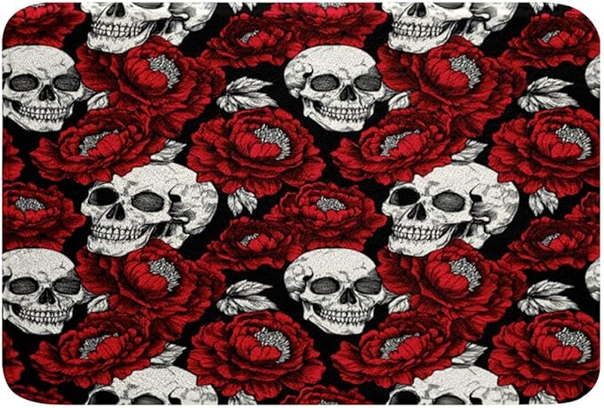 jejeloiu Sugar Skull Bathroom Rugs for Kids Boys Girls 16"x24" Gothic Skull Bath Mats Soft Shaggy Absorben Bones Bathroom Accessories Skeleton Floor Doormats Floral - sugar skull toilet mat set