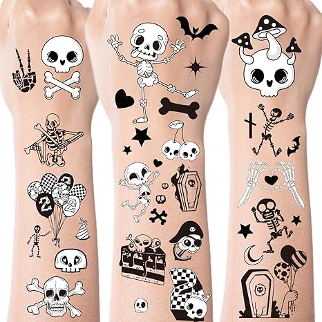 Bad 2 Skull Bone Temporary Tattoos - 300+ Bad 2 Bone Party Decorations Favors Supplies for Kids Boys 2nd Birthday Decorations Black White Skeleton Skull Tattoo Stickers Born to Rock Music Party Decor - sugar skull temporary tattoo