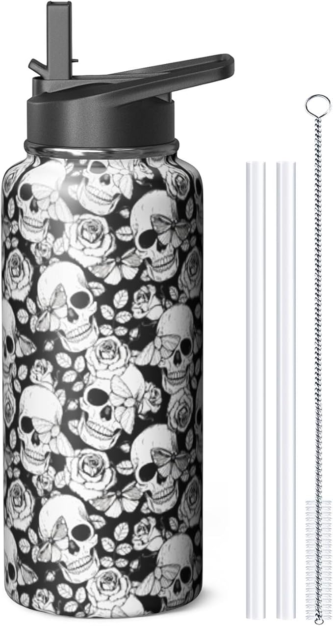 32oz Skull Water Bottle with Handle and Flip Straw, Skeleton Sports Stainless Steel Insulated Cup Travel Coffee Mug Tumbler, Birthday Mothers Day Chritmas Gifts for Women - sugar skull tumbler with straw