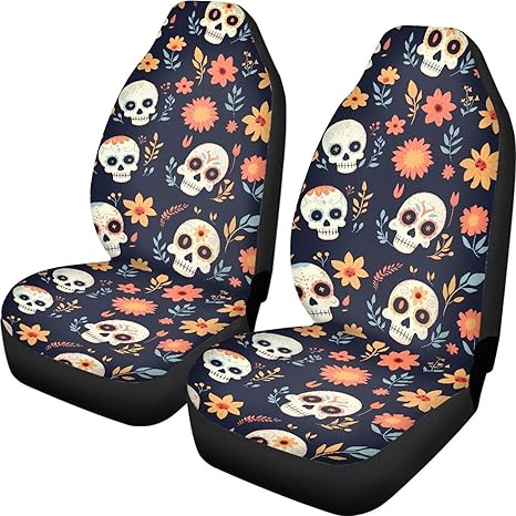 Sugar Skull Car Front Seat Covers, Soft Breathable Mexican Skull Wild Flower Front Seat Protector Cover for Trucks SUV, Auto Interior Accessories Decor - sugar skull car pet seat cover