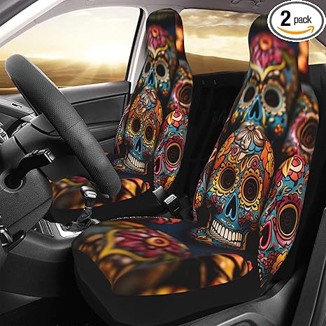 Colorful Sugar Skulls Car Seat Cover Soft Comfy Front Seat Protector Cover Washable Breathable Seat Covers 2 Pcs for Cars Vehicle Seats Cushion Pad Universal Fit for Most SUV Sedan Truck - sugar skull car seat covers set