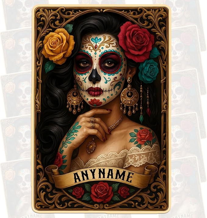 Custom Female Sugar Skull Name Tarot Card Sticker Personalized Text Floral Day of The Dead Mexican Decal Waterproof Vinyl Decal for Water Bottles Tumbler Laptop Hard Hat Car Kindle Gifts for Girl Boy - sugar skull tumbler with straw