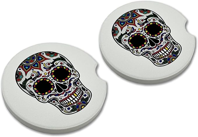 Elektroplate Metalhead Collection Day of the Dead Colorful Sugar Skull Automotive Ceramic Coasters (2.6" diameter) | Universal Fit for Cars, Trucks, SUVs & More | Absorbent Non-Slip Durable | Set of 2 - sugar skull coffee cup