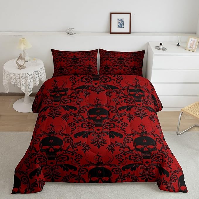 Jacquard Damask Duvet Quilt Full Size Vintage Damask Bedding Set for Kids Boys Girls Decor Sugar Skull Comforter Set Breathable Soft Lightweight Microfiber Damask Floral Bedroom Decor Bedclothes - sugar skull bedding set