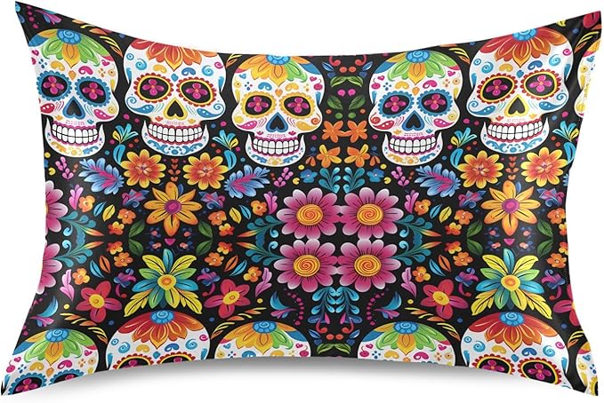 ALAZA Sugar Skull Day of Dead Satin Pillowcase Queen Size Pillow Cases Envelope Closure Bed Pillow Cover, 20 x 30 inch - sugar skull throw pillow
