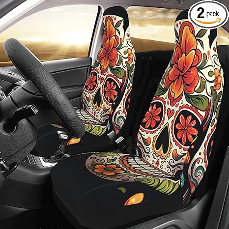 Colorful Sugar Skull Car Seat Cover Soft Comfy Front Seat Protector Cover Washable Breathable Seat Covers 2 Pcs for Cars Vehicle Seats Cushion Pad Universal Fit for Most SUV Sedan Truck - sugar skull car seat covers set