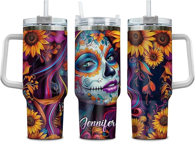 Personalized Sugar Skull 40 oz Tumbler Gifts with Handle and Straw, Floral Sugar Skull Gifts for Women on Birthday, Christmas, Halloween, Custom Name Insulated Stainless Steel Travel Cup - sugar skull coffee cup