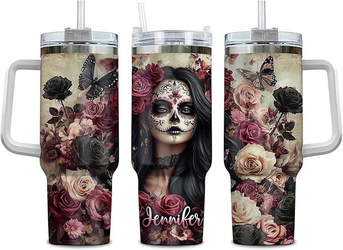 Personalized Sugar Skull 40 oz Tumbler Gifts with Handle and Straw, A Beautiful Flower Sugar Skull Gifts for Women on Birthday, Christmas, Custom Name Insulated Stainless Steel Travel Cup - sugar skull tumbler with straw