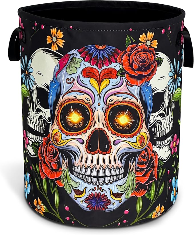 Sugar Skull Laundry Basket Skeleton Print Oxford Cloth Laundry Hamper With Handle Foldable Portable Clothes Storage Basket 18.9 X 16.5 In Storage Bag For Laundry Room/Bathroom/Bedroom/Dormitories - sugar skull throw blanket
