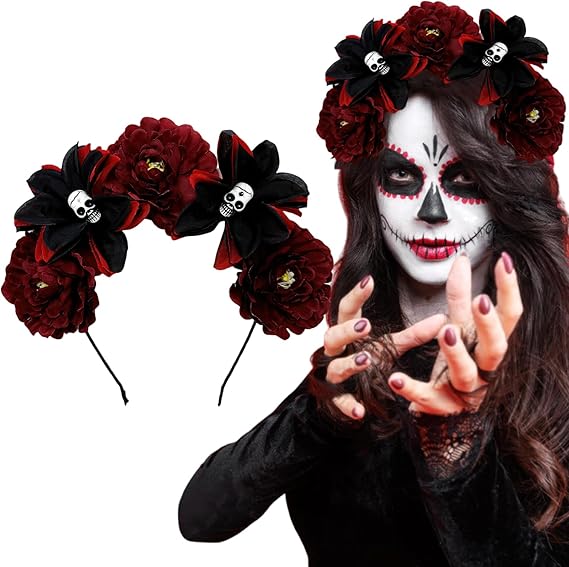 AUOCATTAIL Halloween Skull Flower Headband Mexican Rose Floral Crown Gothic Day of the Dead Headpiece for Women Cosplay Party - sugar skull flower crown