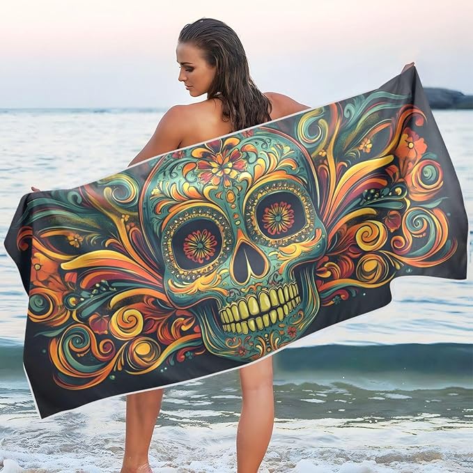 Microfiber Thin Lightweight Beach Towel Sugar Skull Portrait Quick Dry Pool Towels 30” x 60” Sand Free Absorbent Yoga Camping Towel for Gym, Gym, Picnic M - sugar skull beach towel
