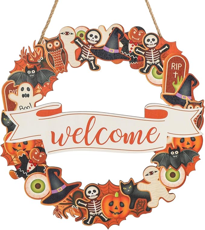 Halloween Wooden Wreath,Welcome Hanging Sign Decorations,Ghost Pumpkin Skull Wood Wreath for Front Door, Halloween Vintage Rustic Door Sign for Indoor Outdoor Decoration - sugar skull wreath for front door