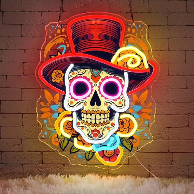 Day of the Dead Neon Sign - Mexican Sugar Skull LED Neon Light for Home & Bar Decor,UV Printed Art with Flexible LED Strip,Halloween & Día de Muertos Party Decoration (Red） - sugar skull christmas decorations