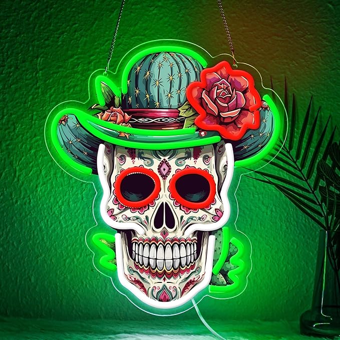 Day of the Dead Neon Sign - Mexican Sugar Skull LED Neon Light for Home & Bar Decor,UV Printed Art with Flexible LED Strip,Halloween & Día de Muertos Party Decoration（green) - sugar skull canvas wall art