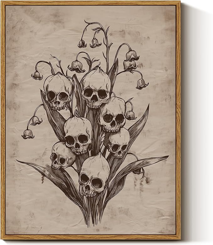InSimSea Framed Canvas Prints Art Vintage Decor, Gothic Skull Flowers Painting, Rustic Dark Academia Wall Art for Bathroom, Halloween Living Room Witchy Room Wall Cottagecore Decor, 12x16inch - sugar skull canvas wall art
