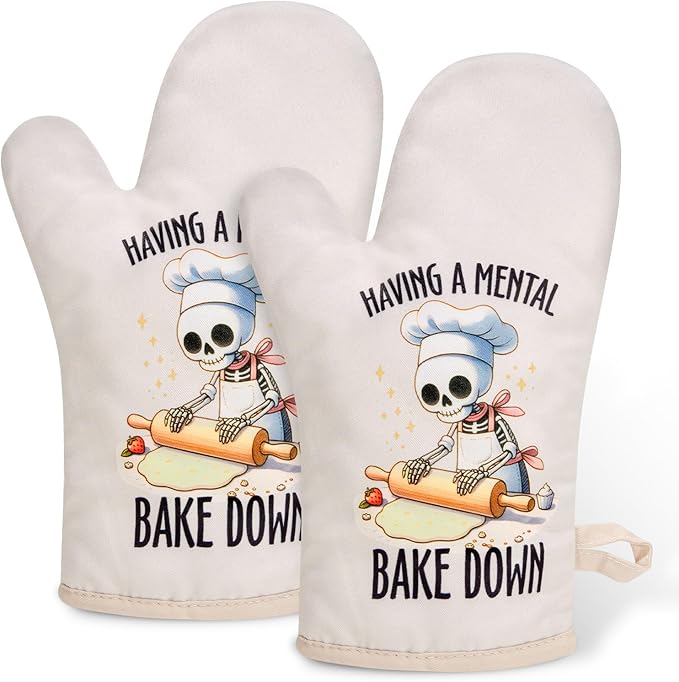 Miracu Funny Skeleton Oven Mitts Set, Cute Goth Kitchen Baking Gifts for Women, Girls, Christmas Spooky Gifts for Bakers, Skull Chef Cooking Mittens, Gothic Bakery Decor, Ghost Bake Accessories Stuff - sugar skull oven mitts