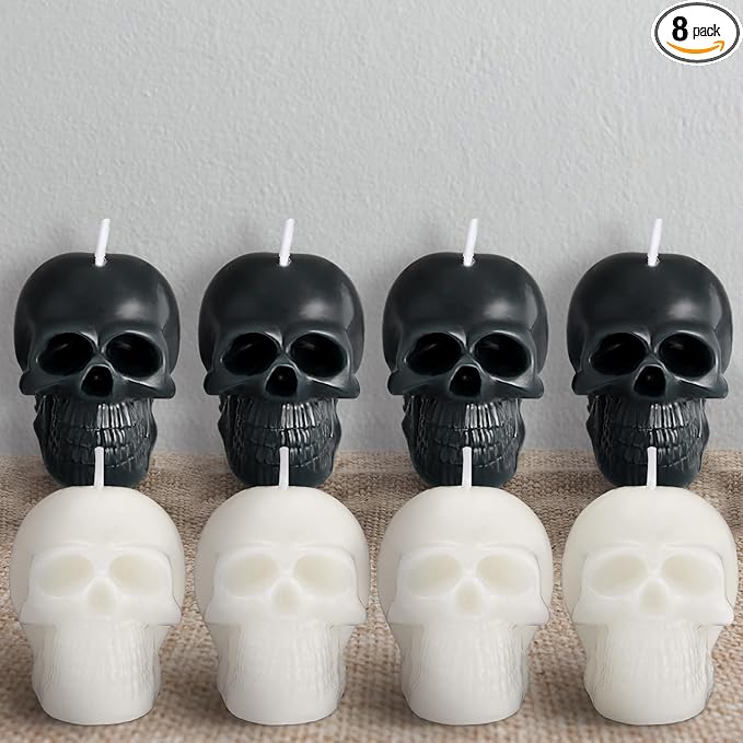 Nuanchu 8 Pcs Halloween Skull Candles Set Vegetable Wax Mini Gothic Candles Gothic Home Decor Vintage Halloween Decorations - sugar skull candle holder