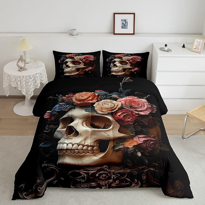 Manfei Sugar Skull Kids Comforter Sets Full Size,Gothic Floral Plants Bedding Sets,Halloween Gothic Skeleton Quilt Set Bedroom Decor 3 PCS,Farmhouse Style Quilt Set with 2 Pillowcases - sugar skull bedding set