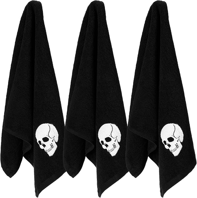 3 Pcs Black Gothic Skull Kitchen Towels Cotton Skeleton Embroidery Hand Towel Dish Towels for Kitchen Bathroom Housewarming Gifts Halloween Decoration 14''x30''(Skull) - sugar skull beach towel