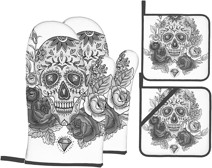Sugar Skull Print,Oven Mitts and Pot Holders Set,Skeleton Roses Leaves Festival Print,Heat Resistant Gloves for BBQ Baking Grilling,Housewarming Gift for New Home,Grey White,4-Piece Set - sugar skull oven mitts