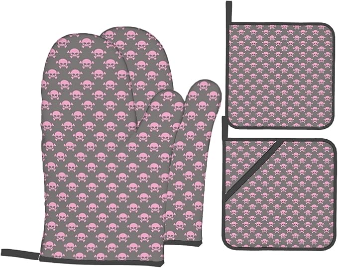 Halloween Themed Skull,Oven Mitts and Pot Holders Set,Head of A Skeleton,Heat Resistant Gloves for BBQ Baking Grilling,Housewarming Gift for New Home,Pink,4-Piece Set - sugar skull oven mitts