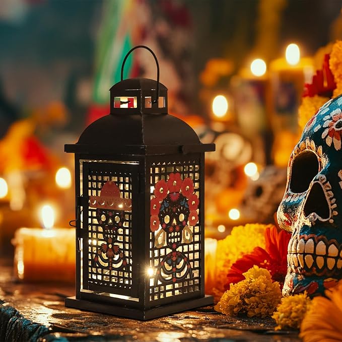 Day of The Dead Decorations, DECORKEY 13.4’’ Decorative Skull Women&Men Candle Lantern with 60" Lights(No Battery), Tabletop&Hanging Lantern for Indoor&Outdoor Yard Altar Table Party Halloween Decor - sugar skull table lamp