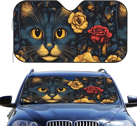 Delerain Car Windshield Sunshade Colorful Sugar Skull Cat Auto Sun Shade Car Front Window Covers Foldable Sun Visor Protector Blocks UV Rays - Keeps Your Vehicle Cool (55" x 29.9") - sugar skull car sunshade for windshield