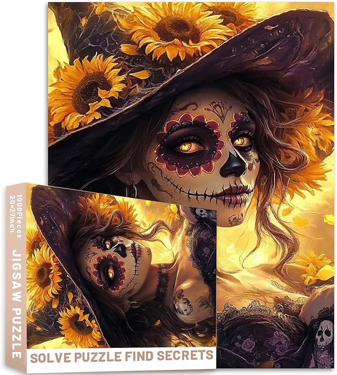 Witch with Sugar Skull Girl Face Sunflower Hat 1000 Piece Puzzle for Adults 27x20 Inches Dark Fantasy Theme Colorful DIY Puzzles for Home Decoration Gifts Family Puzzle Perfect for Game Nights - sugar skull poster print