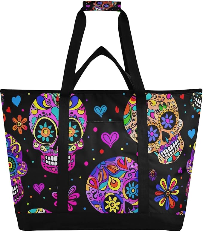 Sugar Skull Heart Large Insulated Reusable Tote Bag for Grocery Shopping for Women Men, Cooler Bag with Zippered Top & Handles for Travel Beach Picnic - canvas sugar skull tote bag