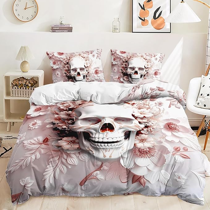 AILONEN Girls Pink Skull Duvet Cover Set Queen Size,Sugar Skull Bedding Set,Floral Skeleton Comforter Cover with 2 Pillowcases,3 Pieces - sugar skull bedding set