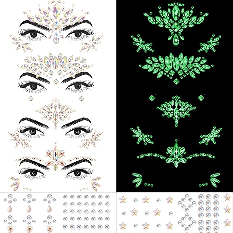 Erythem Face Gems for Women 6 Sheets Face Jewels Stick On Self Adhesive Rhinestones Stickers for Makeup Music Festival Rave Party (4Luminous) - sugar skull makeup kit