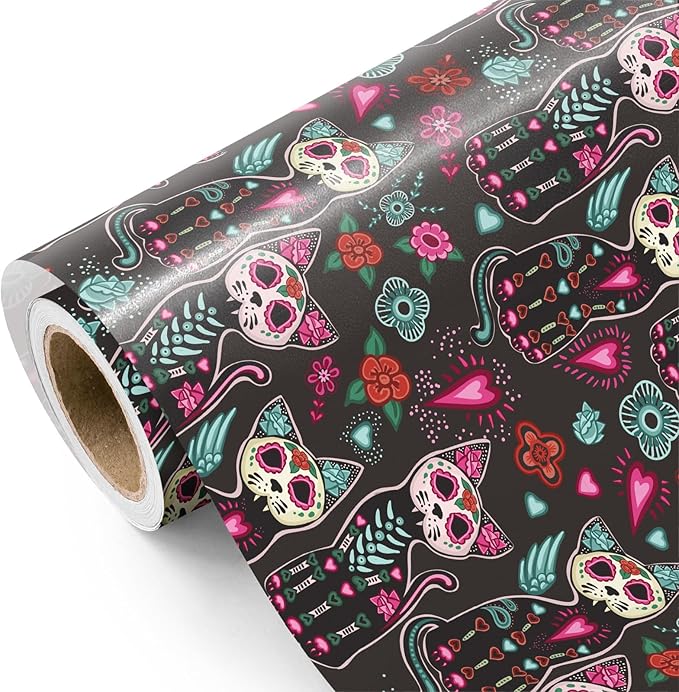 WRAPAHOLIC Day of the Dead Wrapping Paper - Mini Roll - 17 Inch x 16.5 Feet - Sugar Skull Cats and Floral Wrapping Paper for Day of the Dead, Holiday, Party - sugar skull beach towel