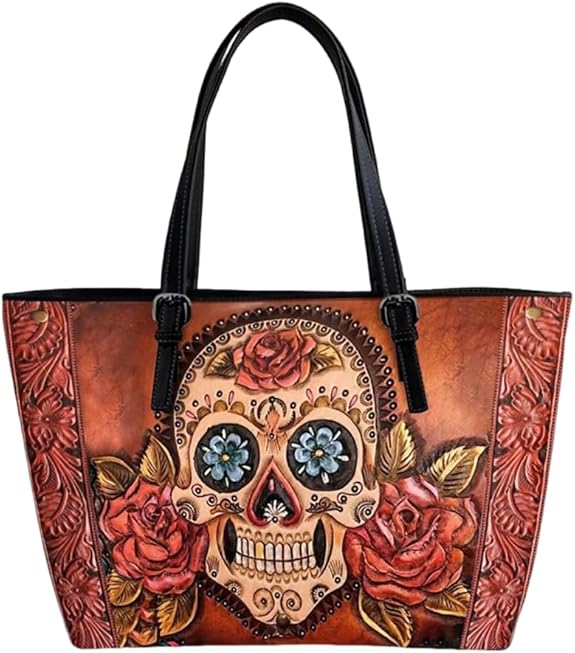 Rose Sugar Skull Skull Gothic Lover Leather Tote Shoulder Bag for Women, Sugar Skull Lover Large Top Zip Tote, Day of the Dead Handbag Top Handle Big Capacity Tassel Handbag, Skull Gift for Girl Friend (Skull, 10.6"x15") - sugar skull handbags for sale