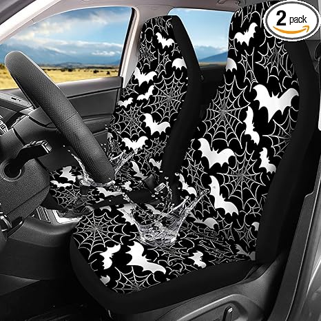 Black White Bats with Spider Web Car Seat Covers 2 PCS Elastic Breathable Front Seat Protector Cover Universal for Vehicle SUV Sedan Trucks for Women Men - sugar skull car seat covers set