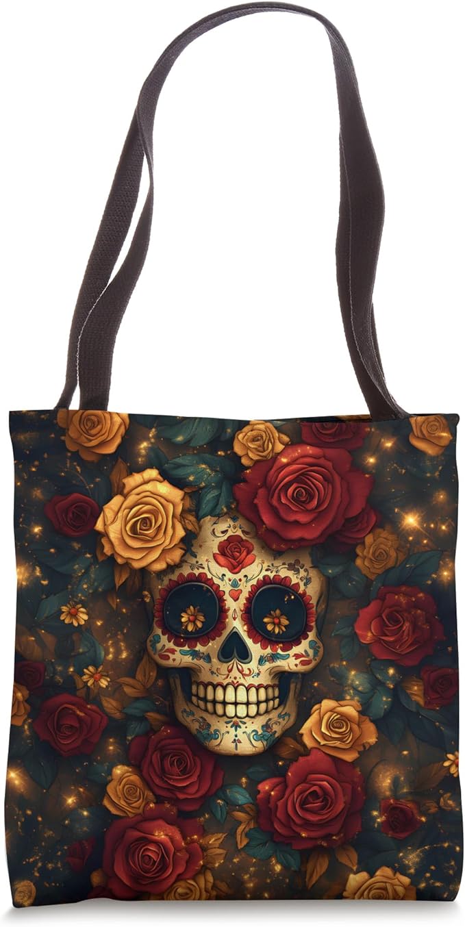 Sugar Skull with Roses and Floral Accents Goth Boho Vibe Tote Bag - sugar skull handbags for sale